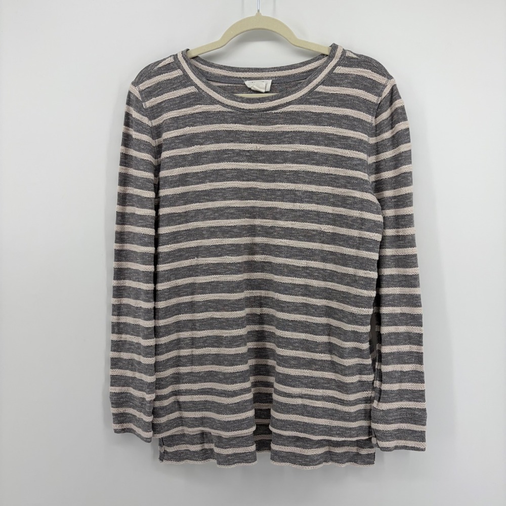 LOFT Womens S Grey Striped Long Sleeve Lounge Top Cotton French Terry Pullover
